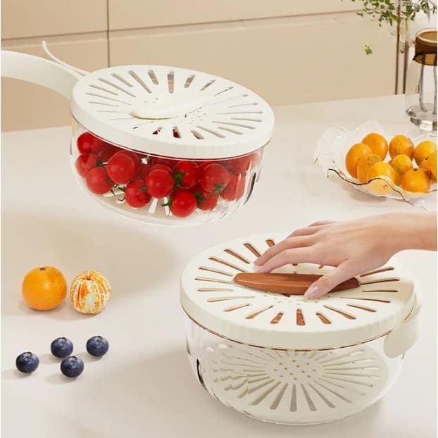 Cesto De Drenagem + Cabo Dobrável Tampa com Grande Capacidade Para Lavagem de Frutas e Legumes