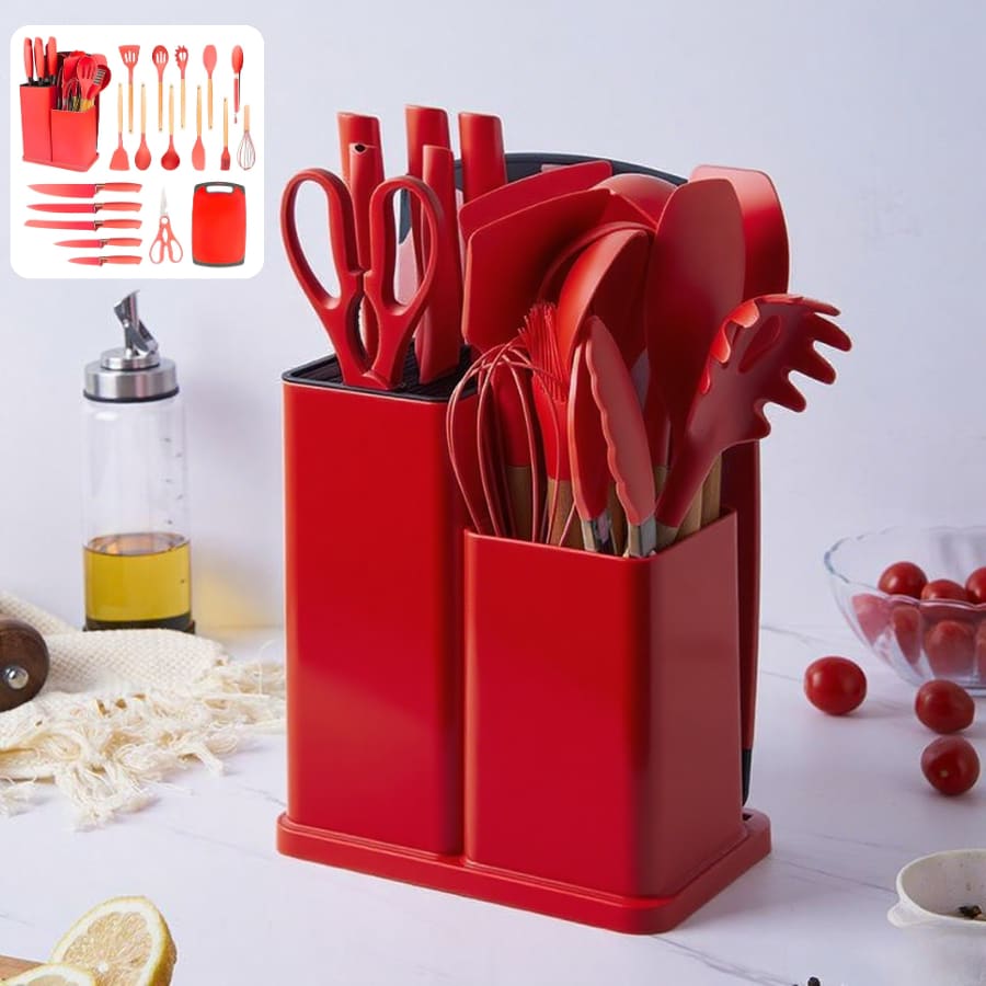 Jogo Utensílios de Cozinha De 19 Peças Com Tábua em Silicone Espátula Faca E Tesoura