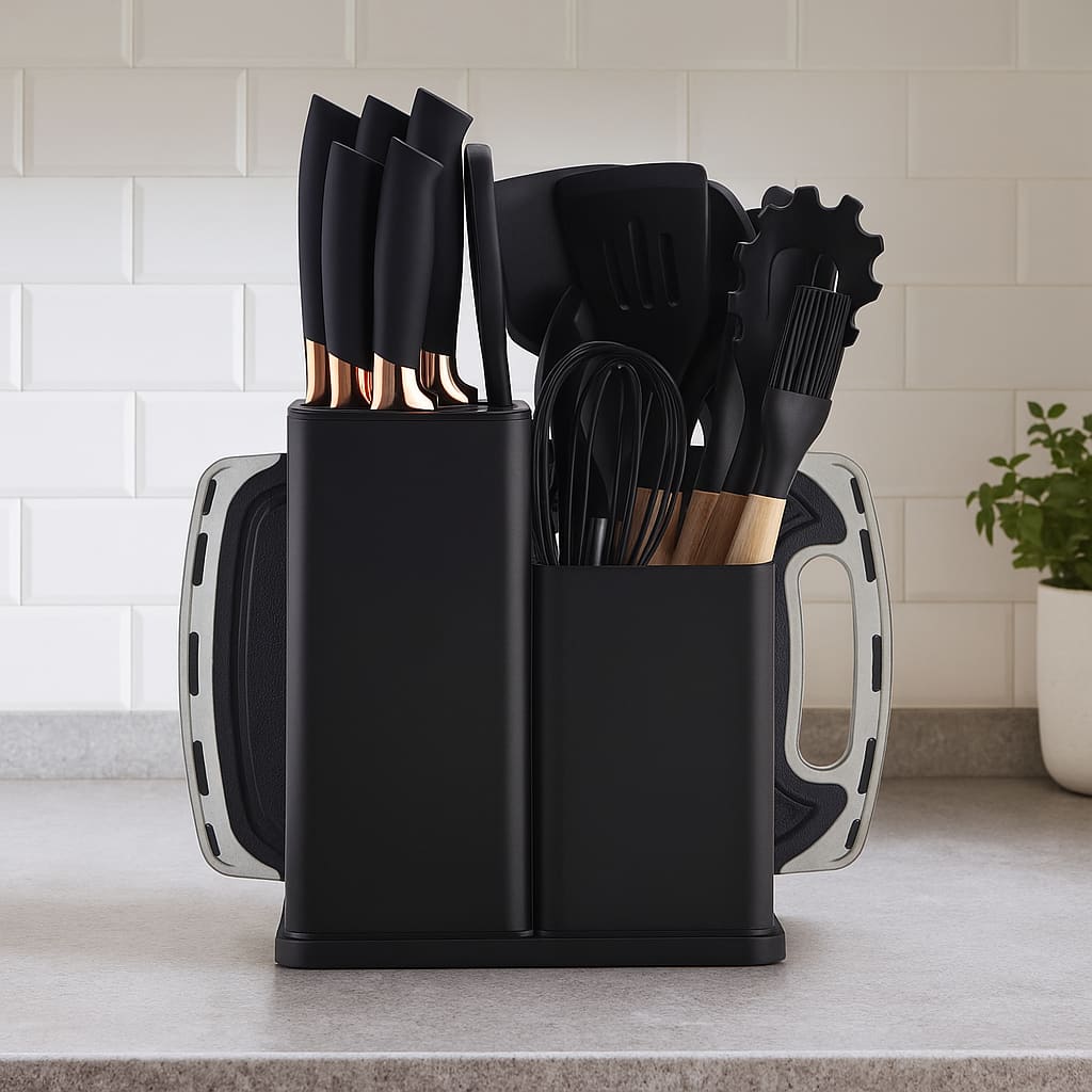 Jogo Utensílios de Cozinha De 19 Peças Com Tábua em Silicone Espátula Faca E Tesoura