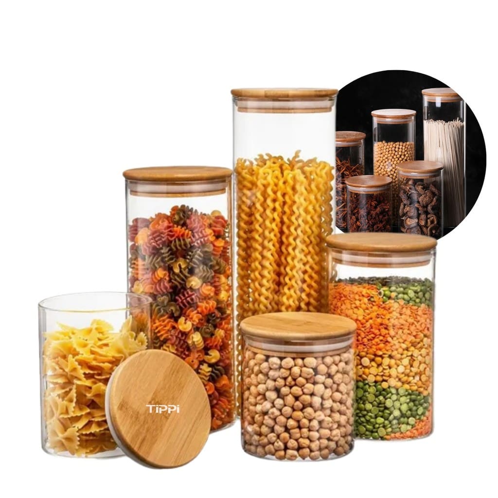 Kit 5 Potes de Vidro Herméticos com Tampa de Bambu Organizador  para Mantimentos