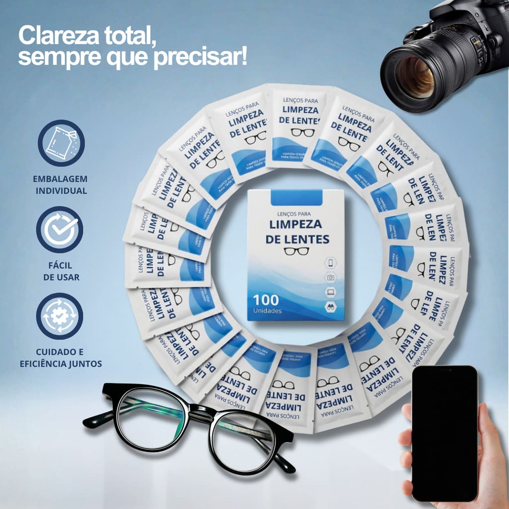 Lenço Umedecido Para Limpeza Lente Óculos, Câmera . Limpa Antiembaçante . Descartável . Caixa com 100 Unidades